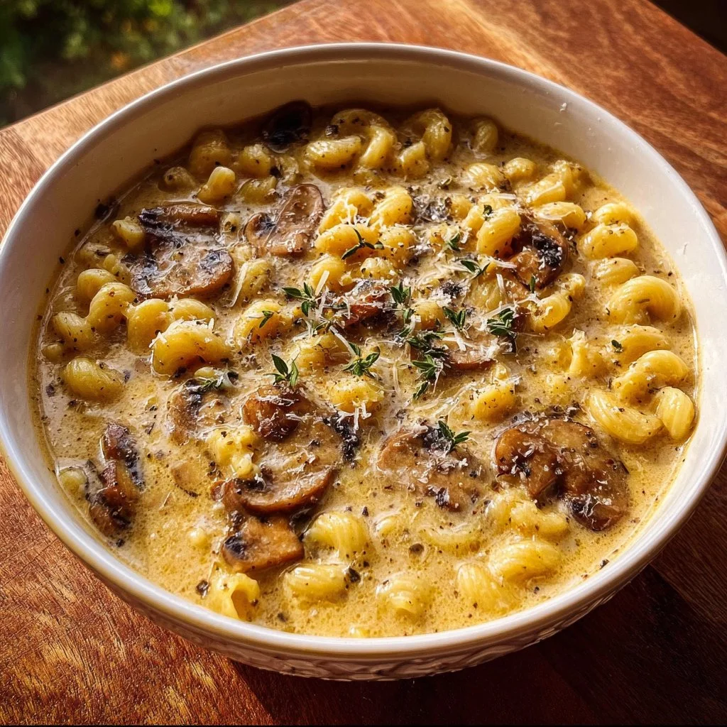 Bowl of creamy mushroom soup with Parmesan cheese and pasta