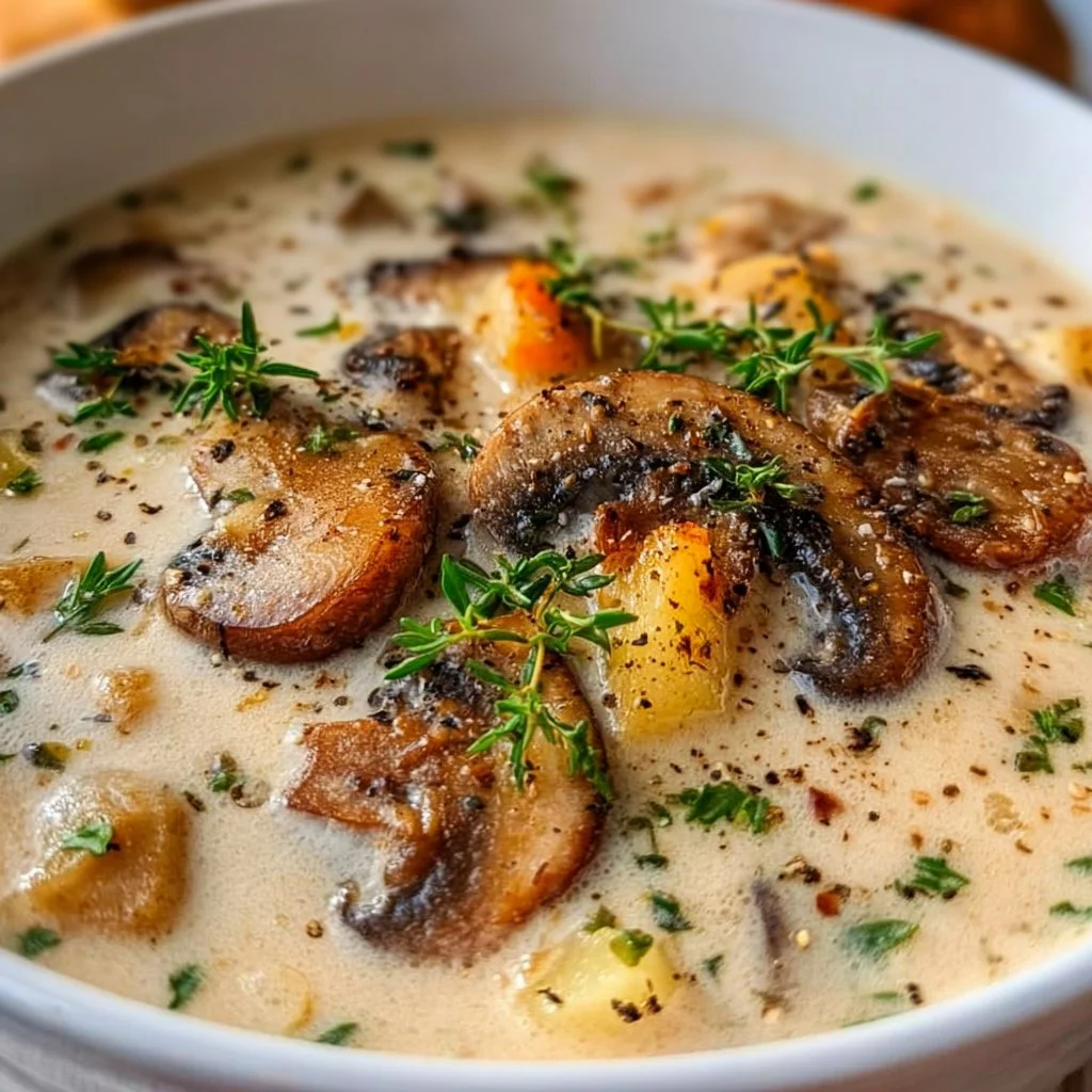 Creamy mushroom soup served in a bowl with fresh herbs on top.