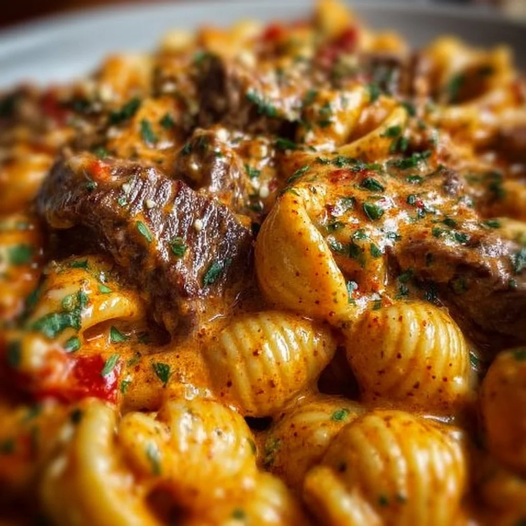 Creamy paprika steak served with pasta shells, a flavorful dish for dinner.
