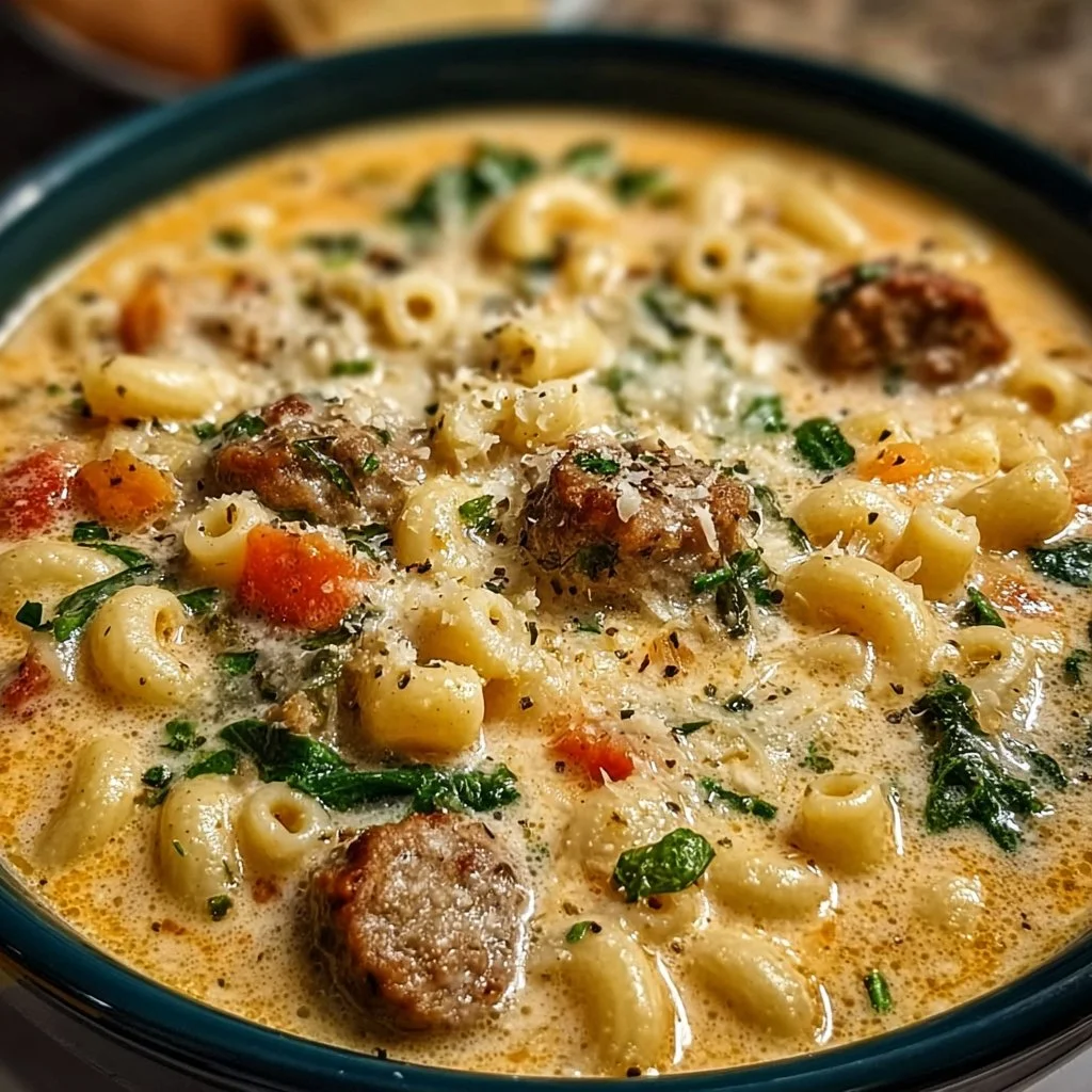 Creamy Parmesan Italian sausage soup with ditalini pasta in a bowl