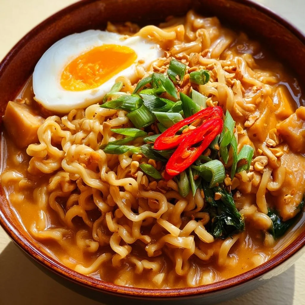 Bowl of creamy peanut butter ramen topped with green onions and sesame seeds