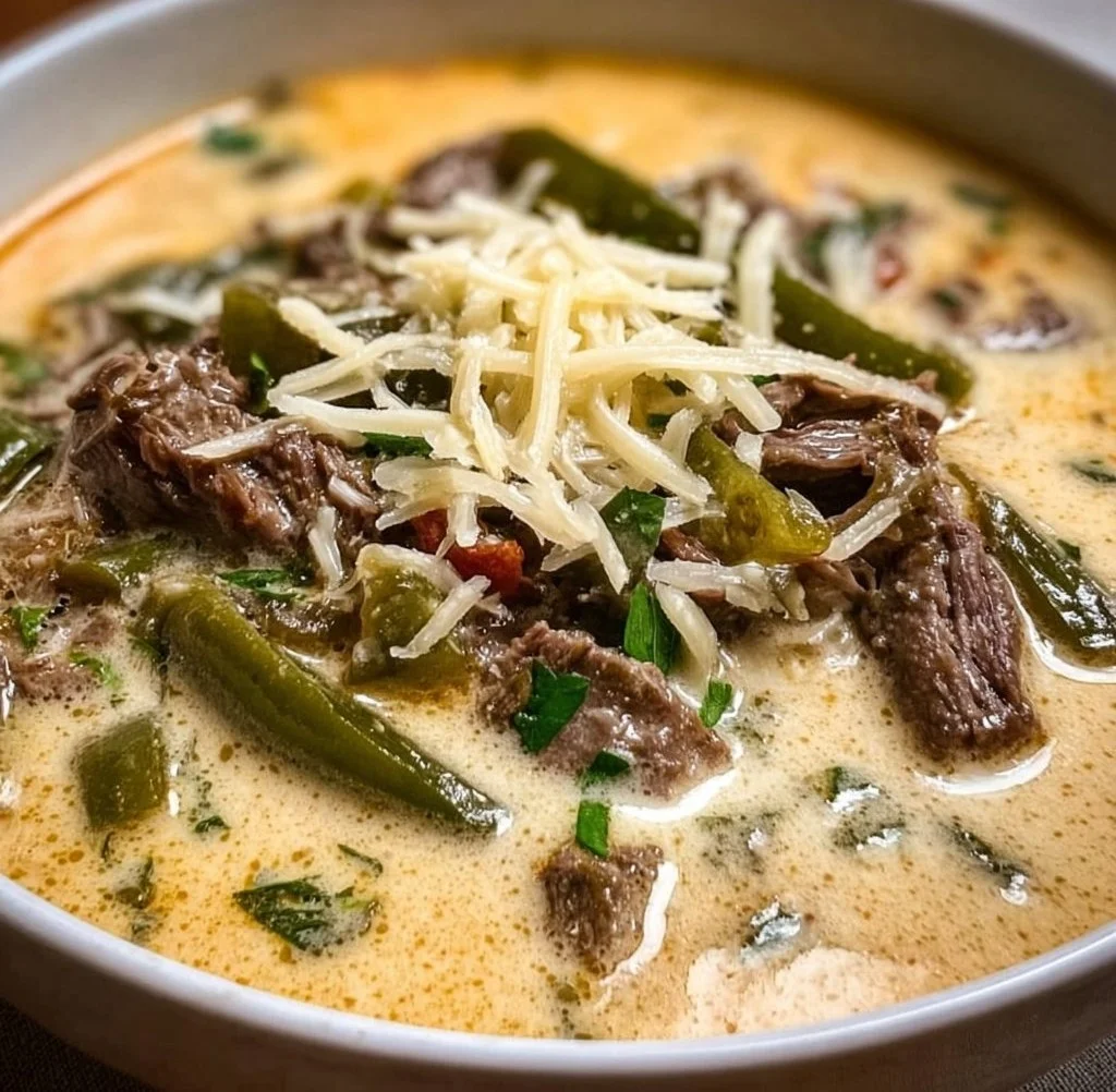 Bowl of Creamy Philly Cheese Steak Soup topped with herbs