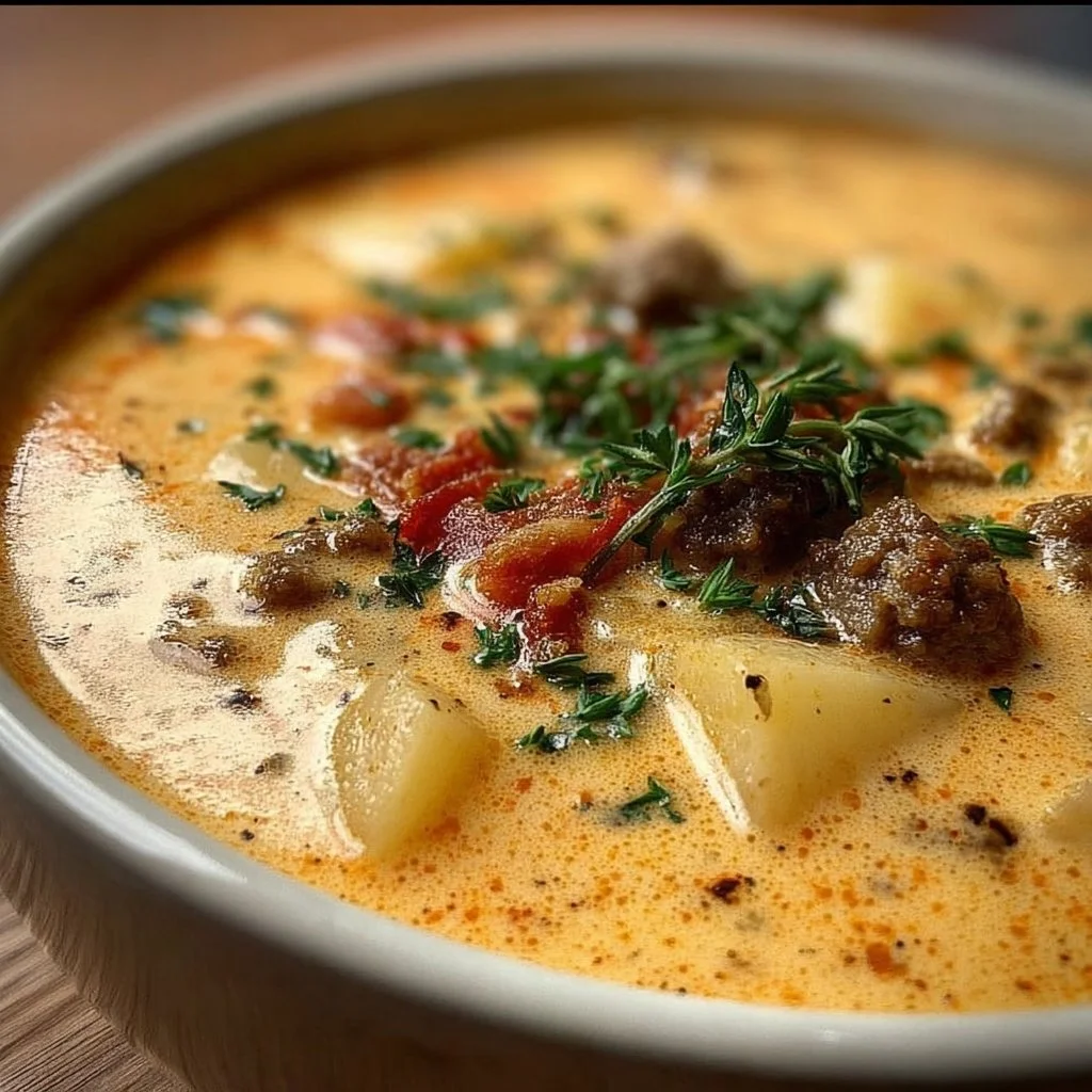 Bowl of creamy potato hamburger soup garnished with herbs