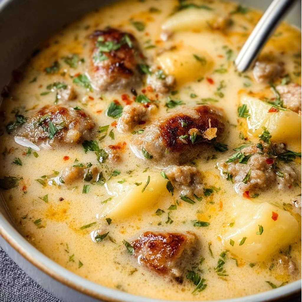 Bowl of creamy potato soup with Italian sausage garnished with herbs