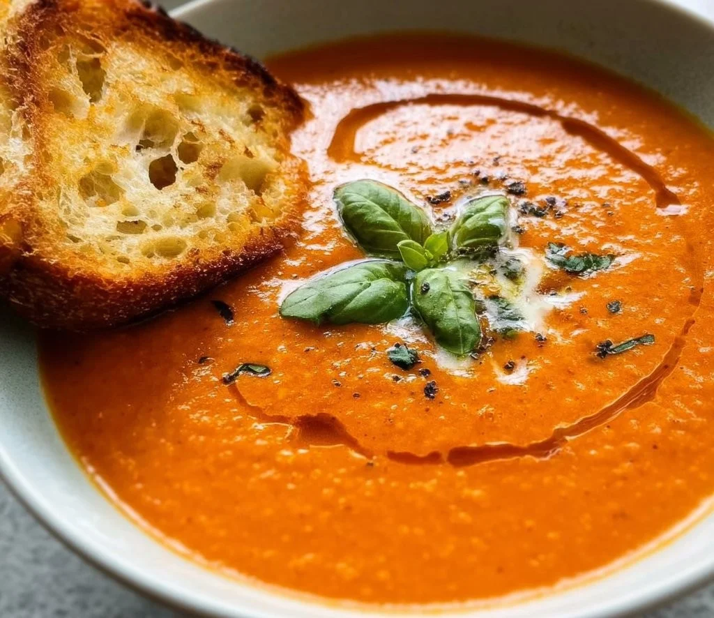 Bowl of creamy roasted tomato basil soup garnished with fresh basil leaves.