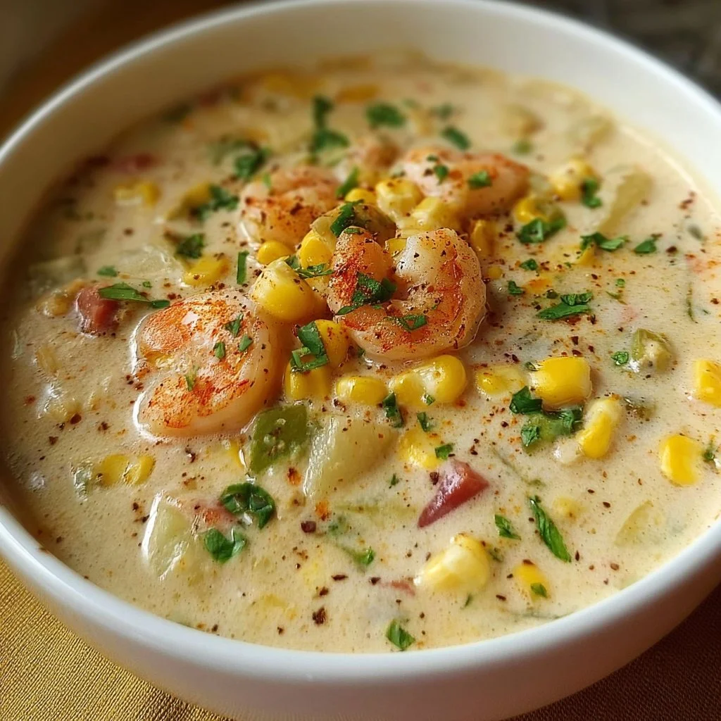 Delicious creamy shrimp and corn soup served in a bowl
