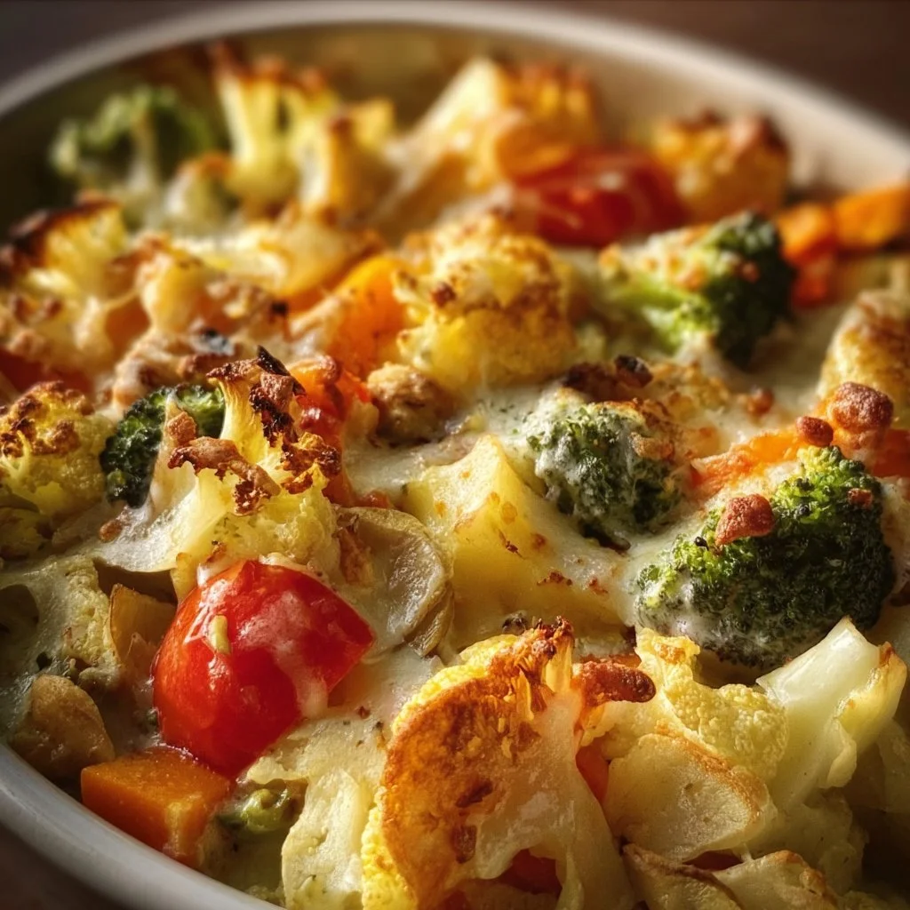 Creamy vegetable casserole dish baked to perfection with colorful veggies