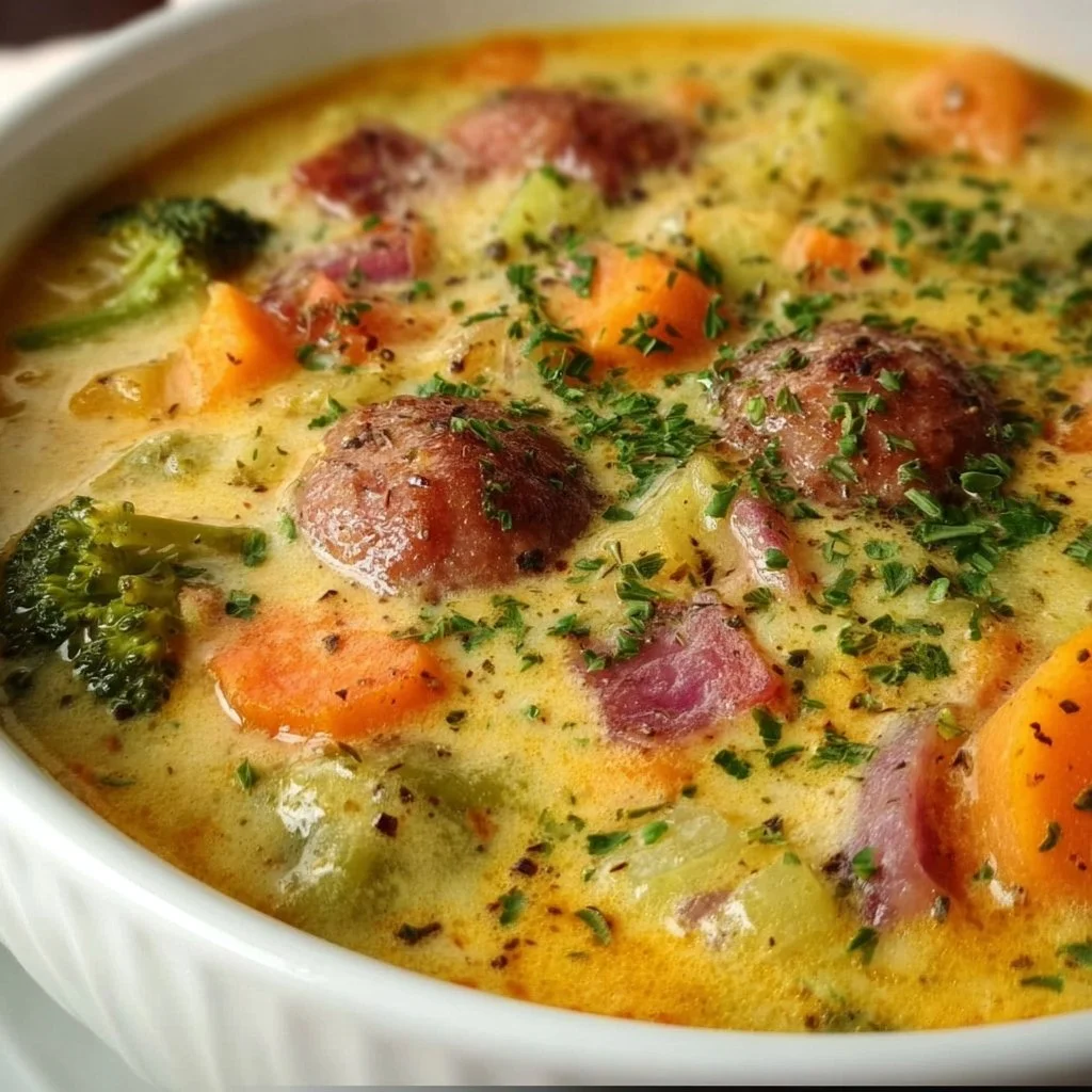 Bowl of creamy vegetable soup garnished with fresh herbs and bread.