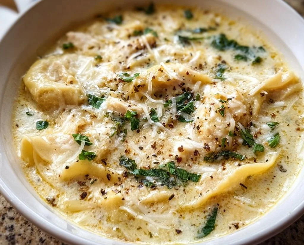 Creamy White Lasagna Soup in a bowl with herbs and cheese on top
