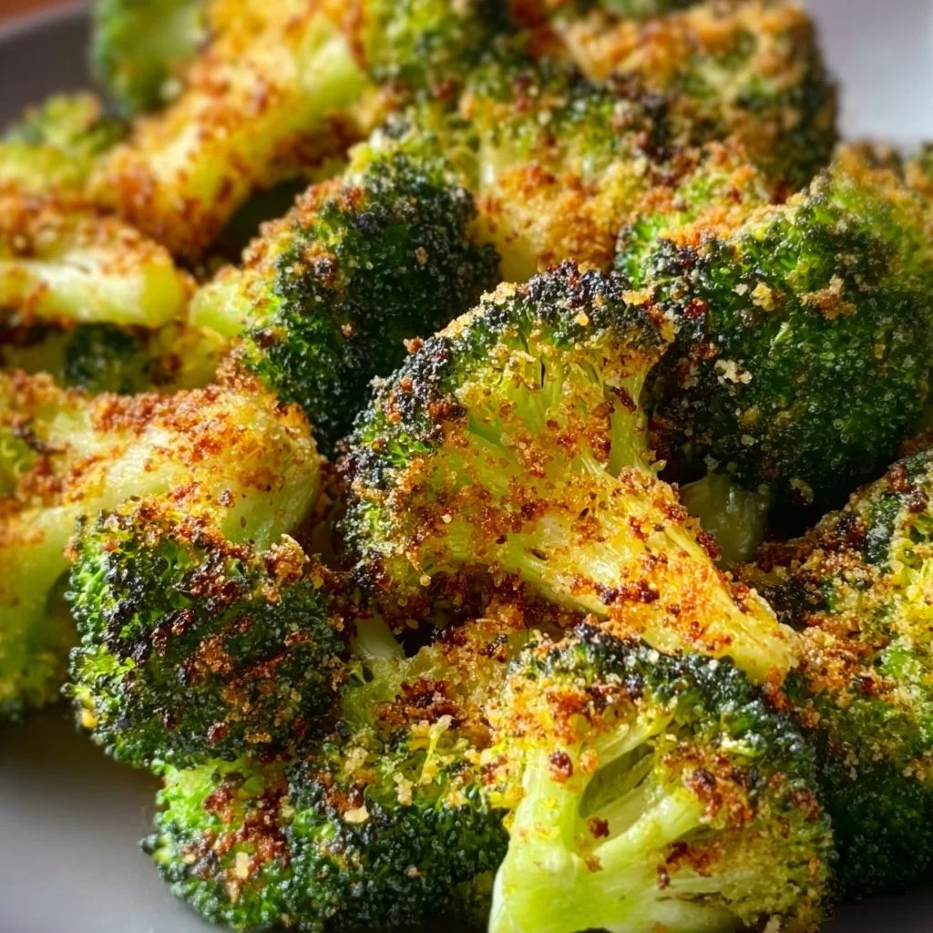 Crispy air fryer broccoli served in a bowl with seasoning