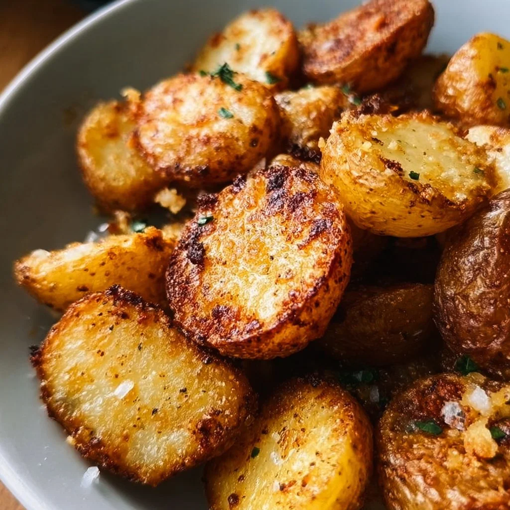 Crispy air fryer potatoes served on a plate with herbs