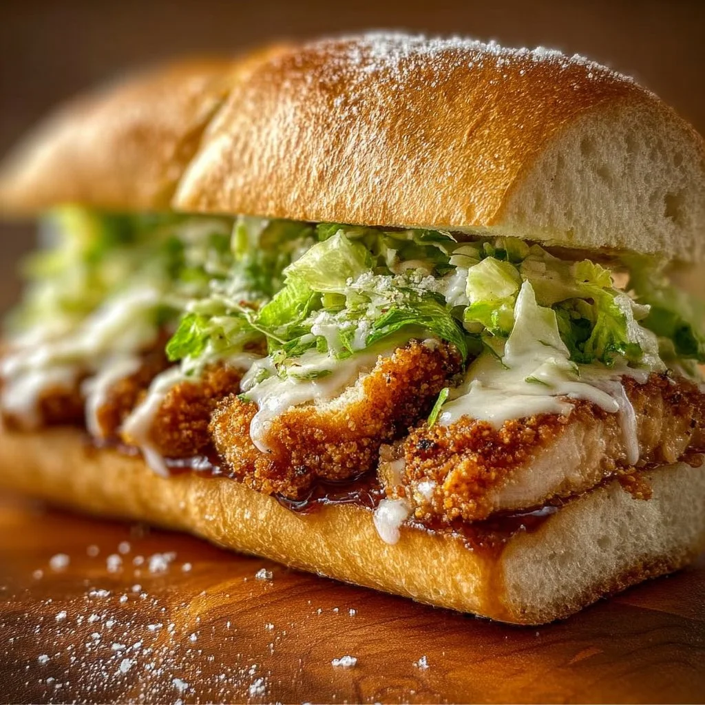 Crispy Chicken Caesar Sandwich with lettuce, parmesan, and dressing