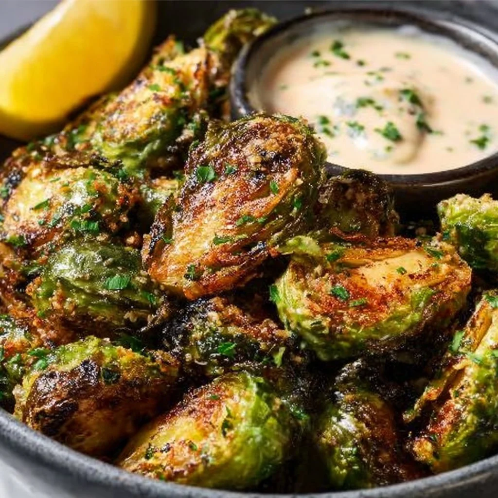 Crispy fried Brussels sprouts served with lemon aioli dip