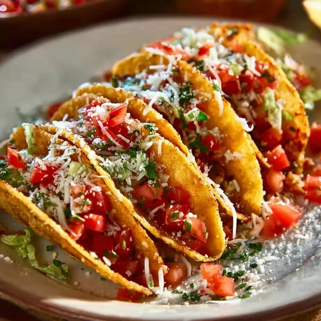 Crispy potato tacos filled with seasoned potatoes and fresh toppings