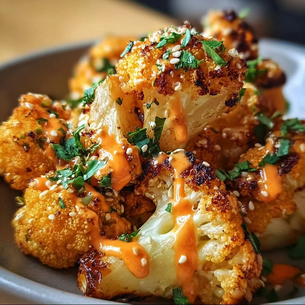 Crispy roasted cauliflower drizzled with bang bang sauce on a plate.