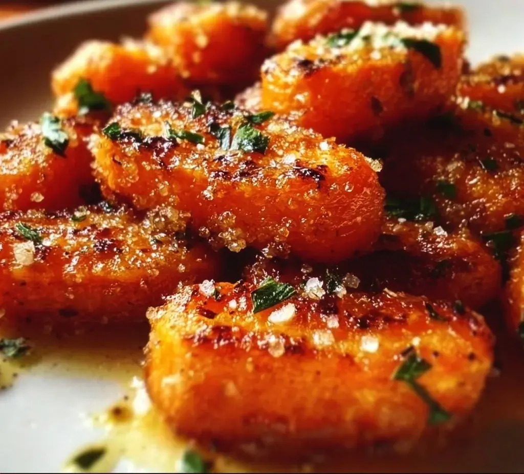 Plate of crispy smashed carrots garnished with herbs and spices