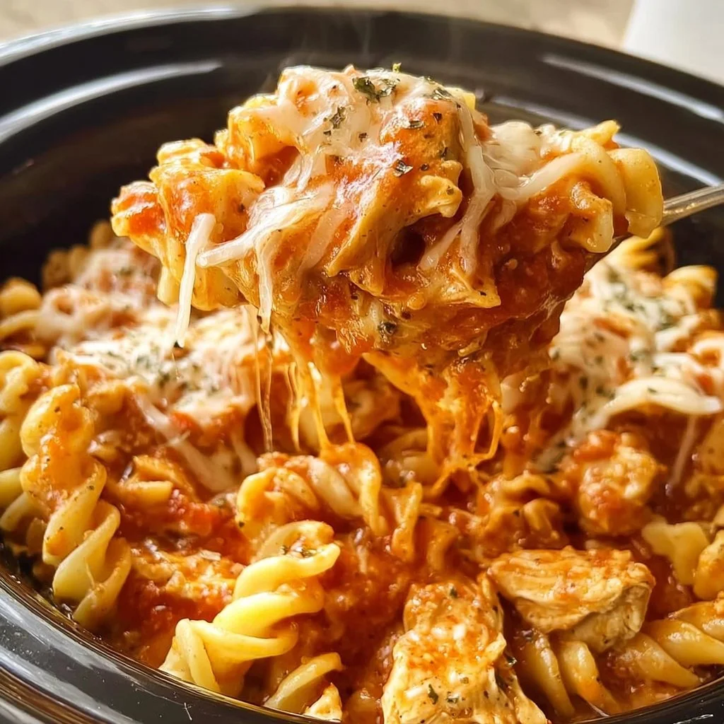 Delicious Bowl of Crock Pot Alfredo Marinara Chicken Pasta