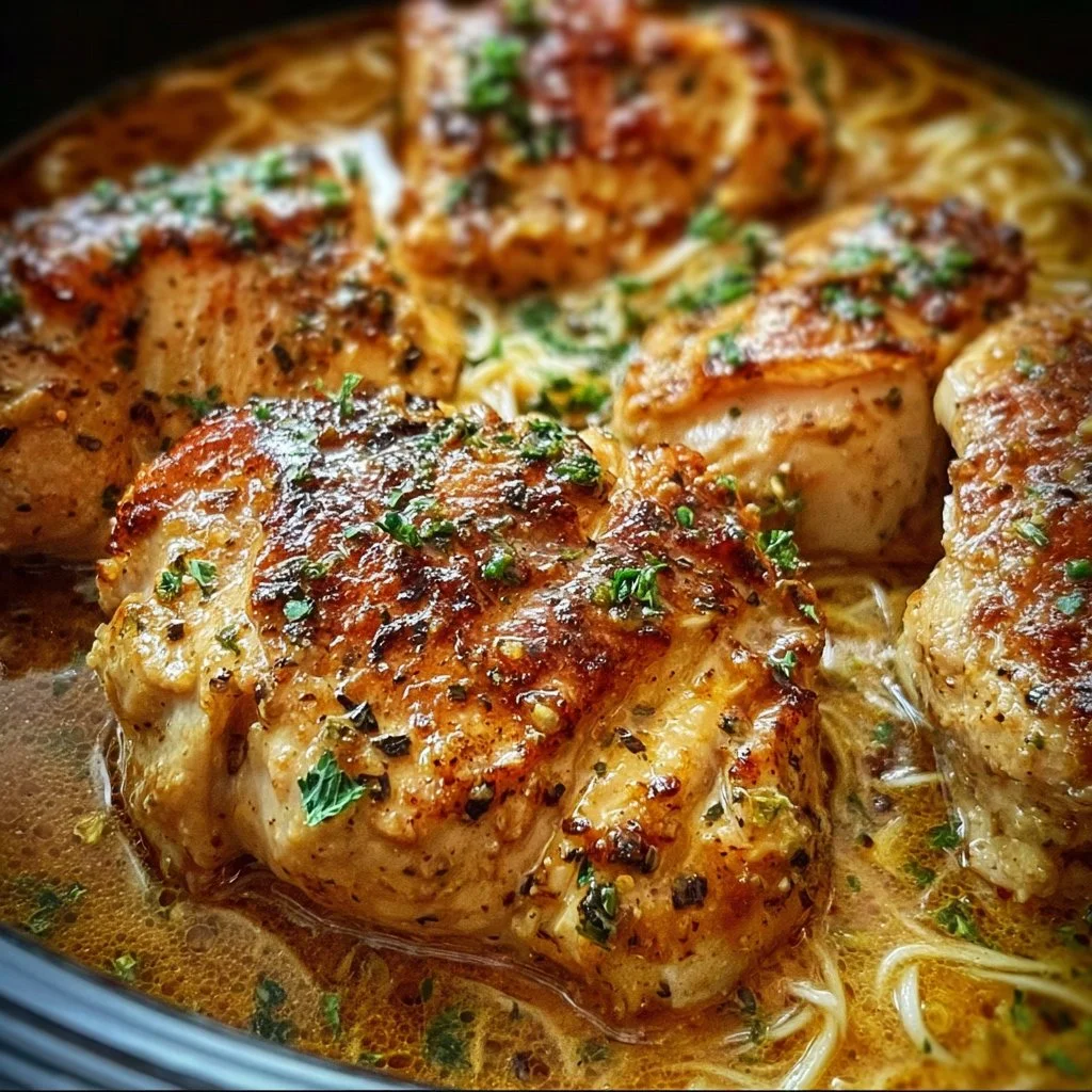 A plate of Crock Pot Angel Chicken garnished with herbs, showcasing its creamy texture.