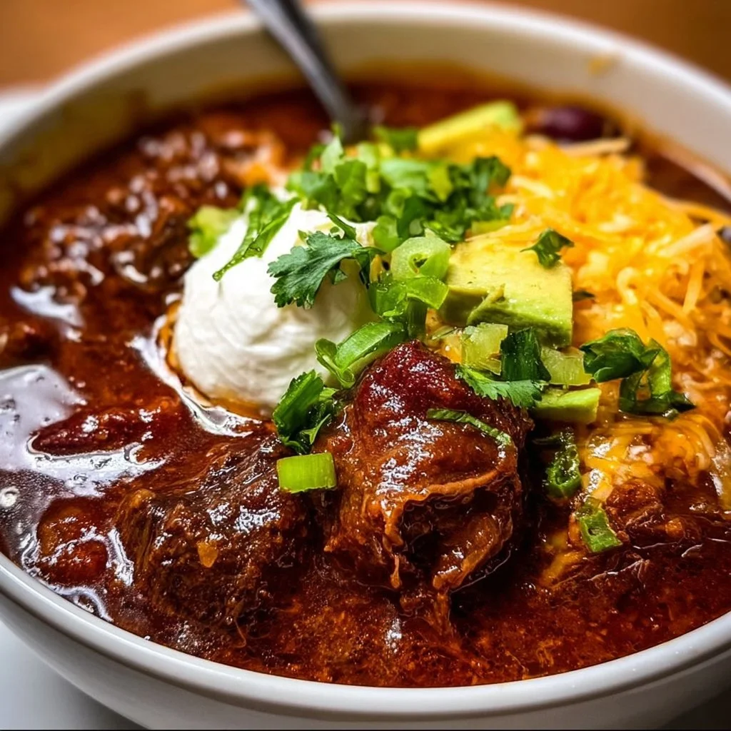 Bowl of hearty Crock Pot beef chuck chili garnished with fresh herbs