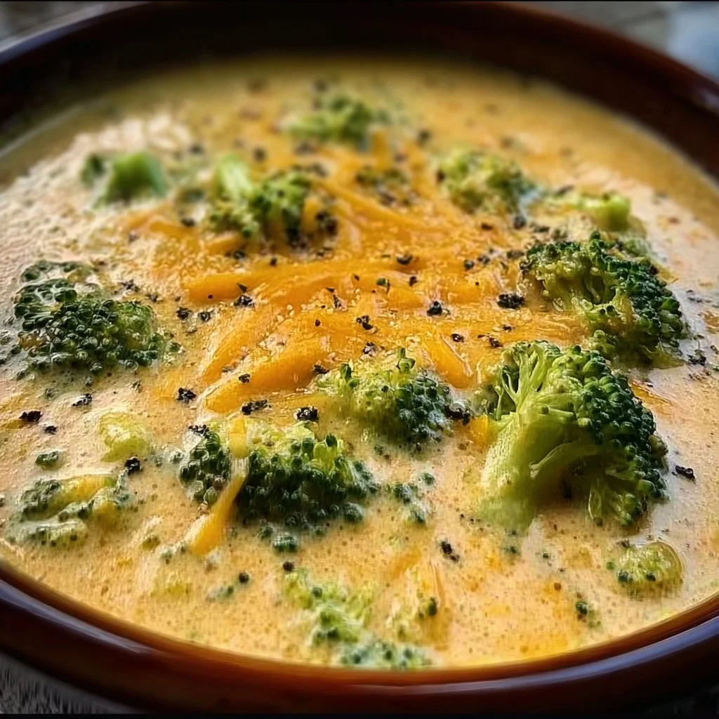 Creamy Crock Pot Broccoli Cheddar Soup in a bowl with a sprinkle of cheese.