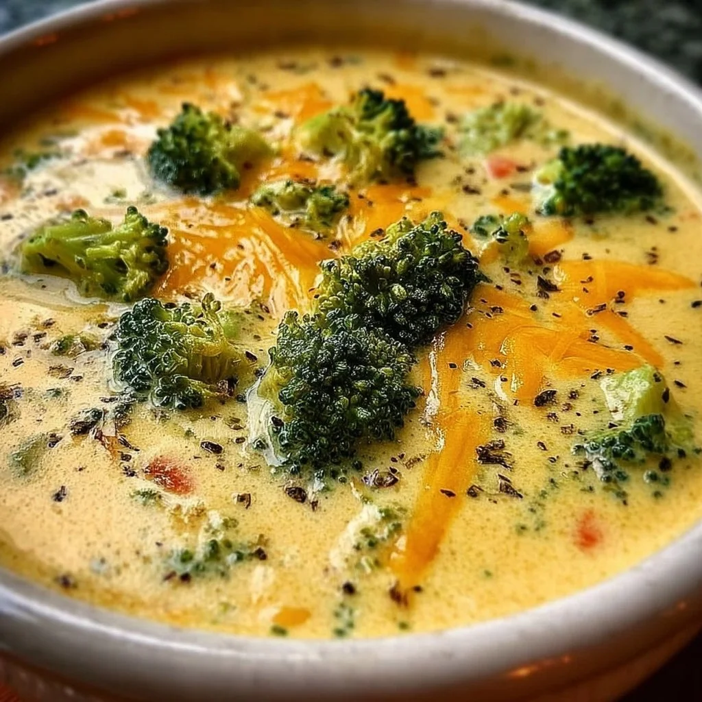 Crock Pot Broccoli Cheese Soup in a bowl garnished with fresh herbs