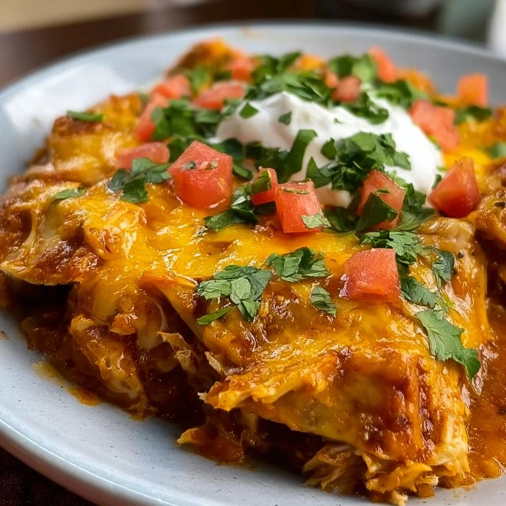 Crock Pot Chicken Enchilada Casserole topped with cheese and garnished