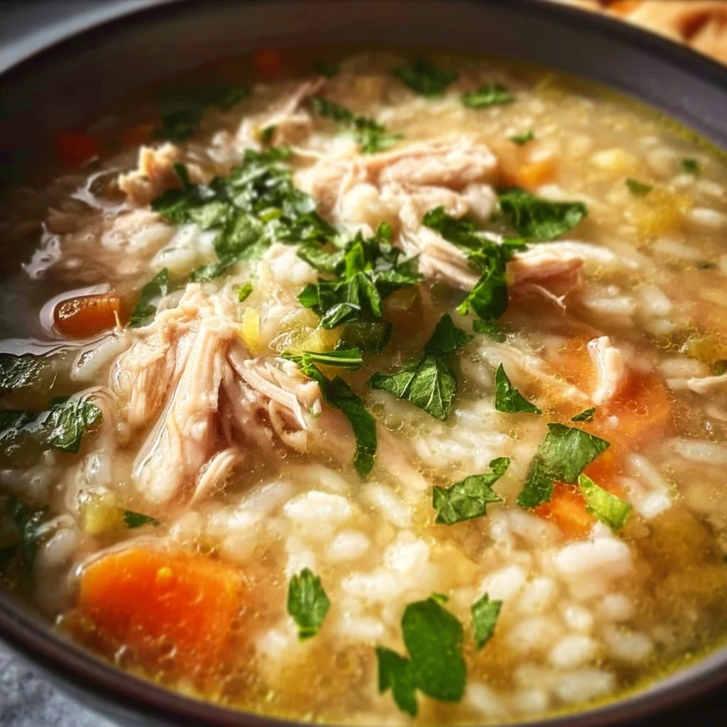 Bowl of delicious Crock Pot Chicken Rice Soup with vegetables and herbs