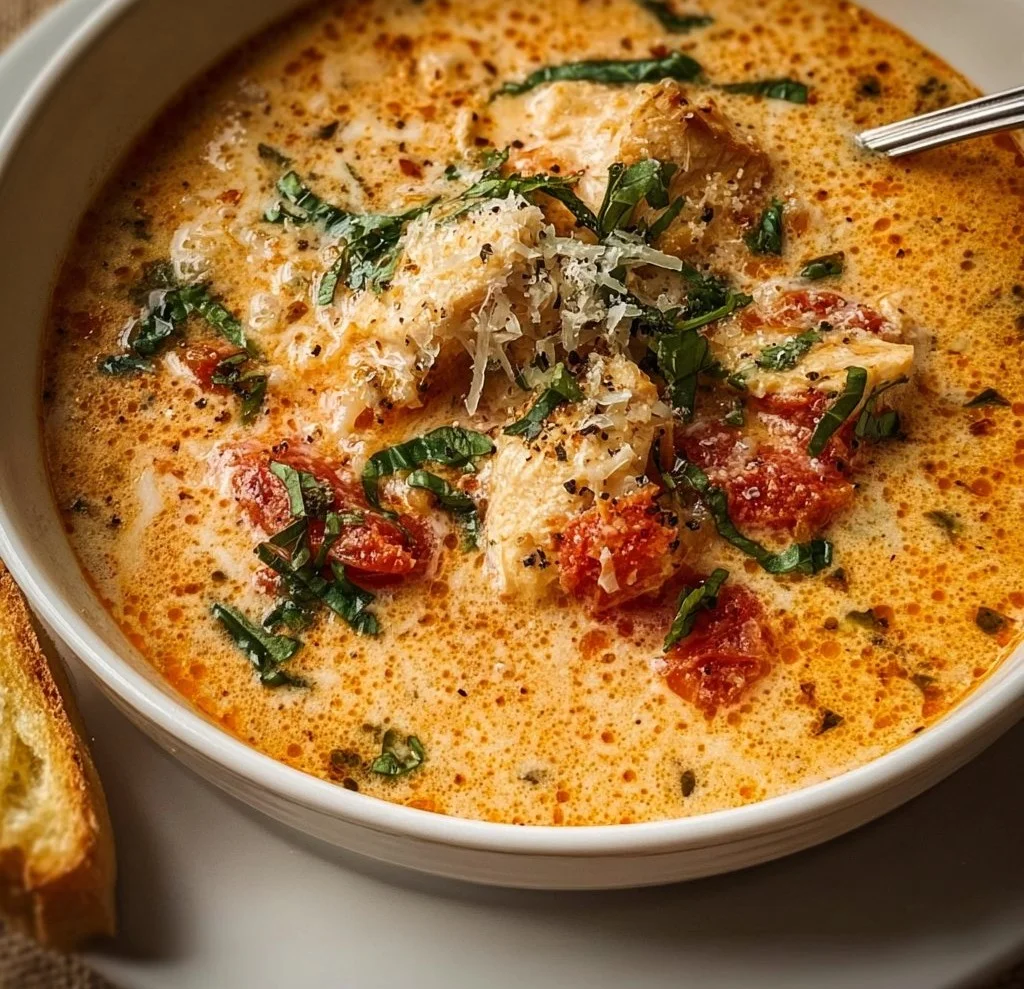 Crock Pot Creamy Chicken Parmesan Soup in a bowl, garnished with parsley.
