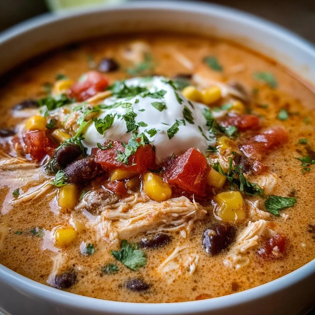 Crock Pot Creamy Chicken Taco Soup with fresh toppings in a bowl
