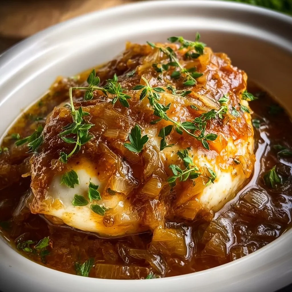 Crock Pot French Onion Chicken with melted cheese and caramelized onions