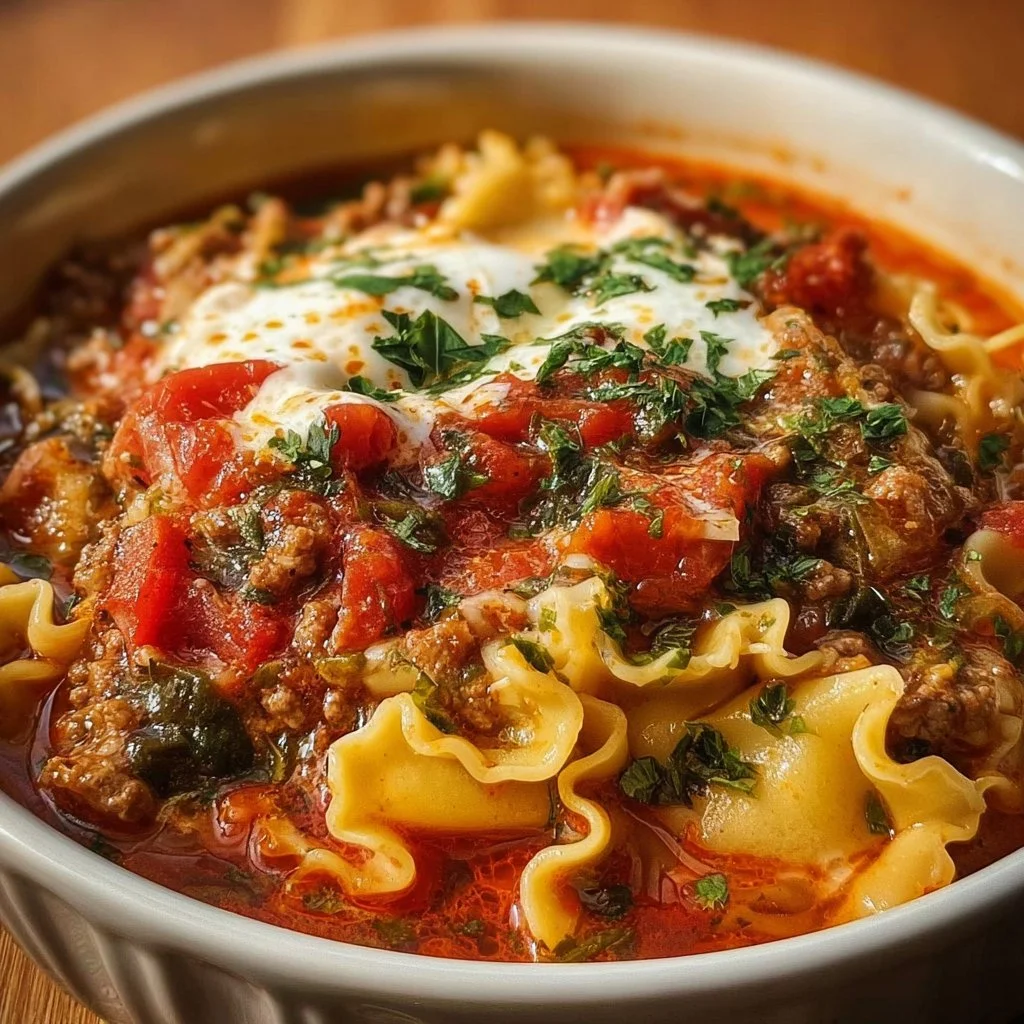 Crock Pot Lasagna Soup served in a bowl with fresh herbs on top