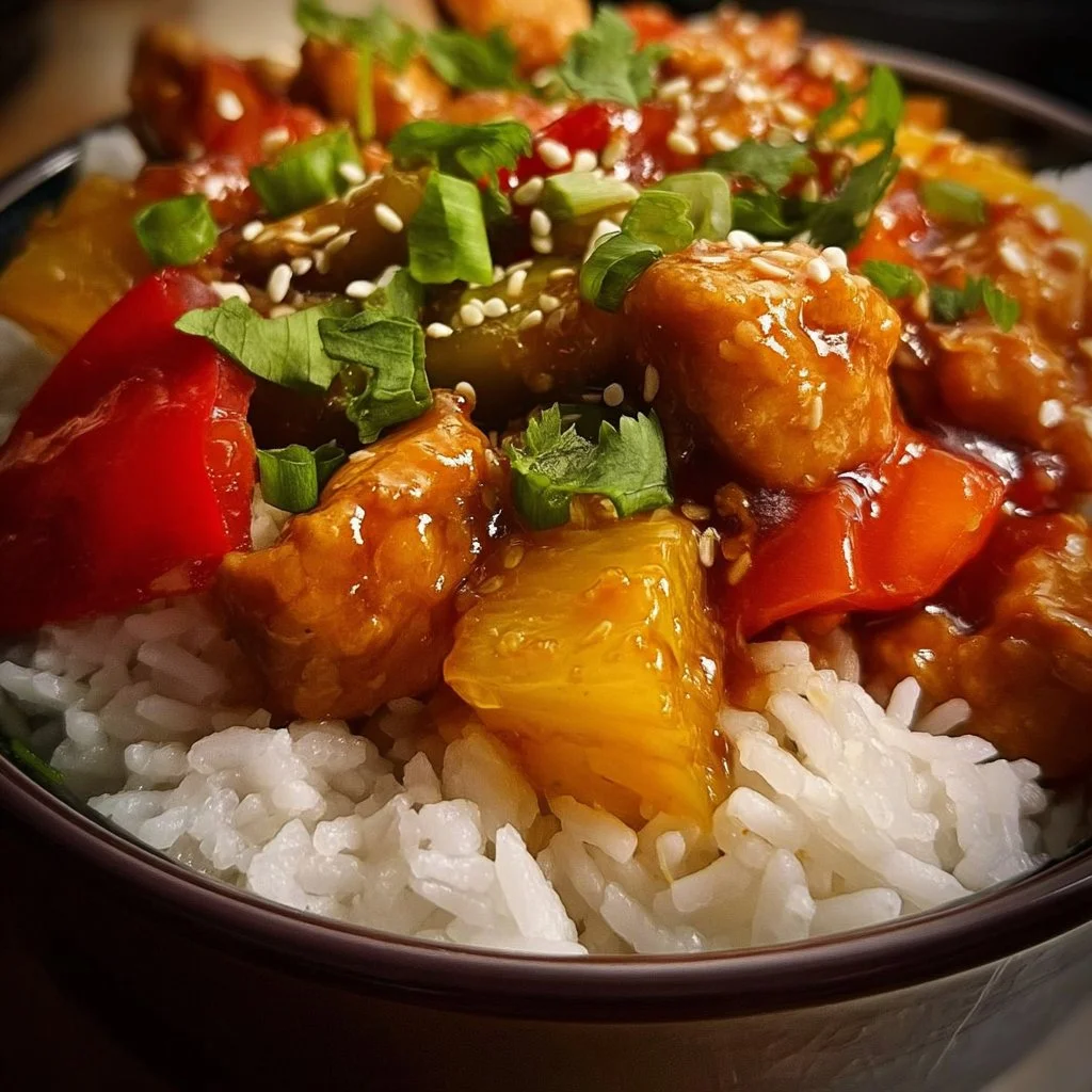 Crock Pot sweet and sour chicken served with rice and vegetables