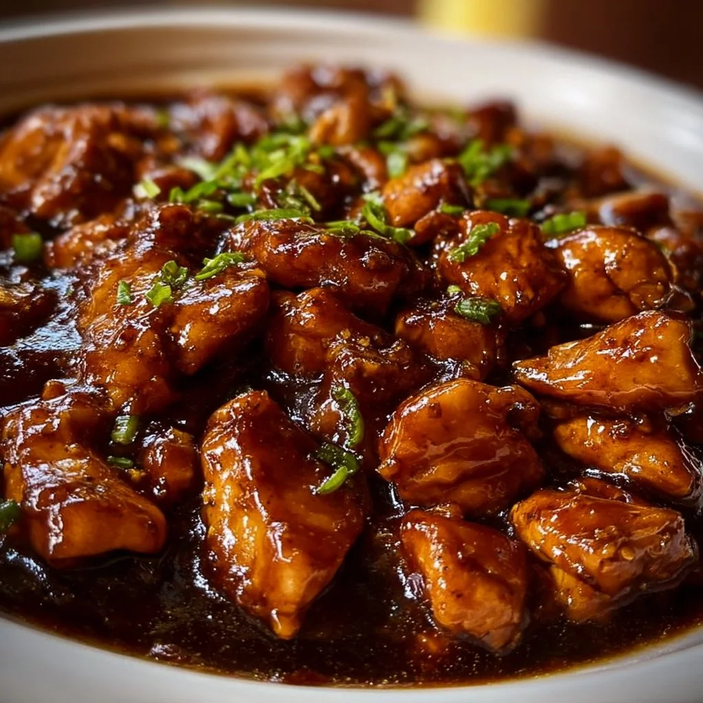 Crockpot Bourbon Chicken garnished with green onions in a bowl