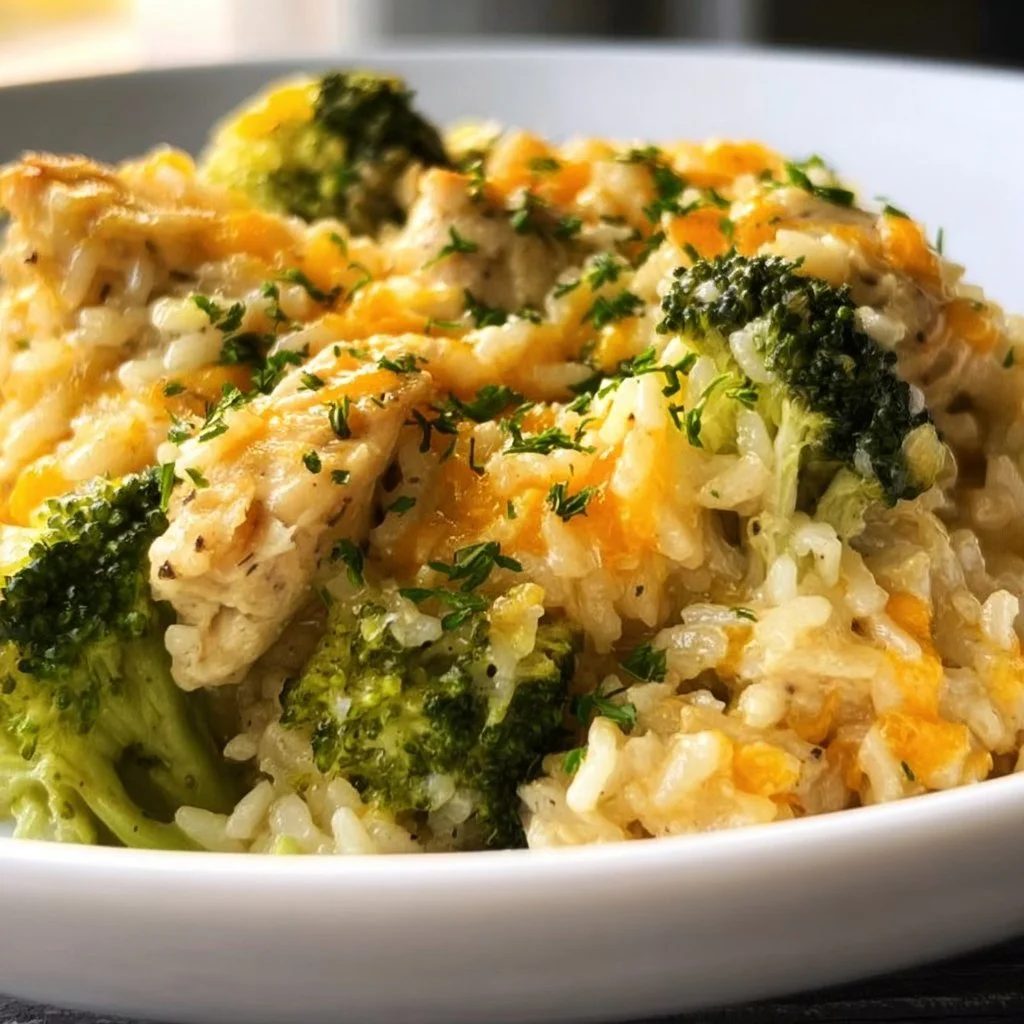 Crockpot broccoli cheddar chicken and rice served in a bowl with fresh herbs.