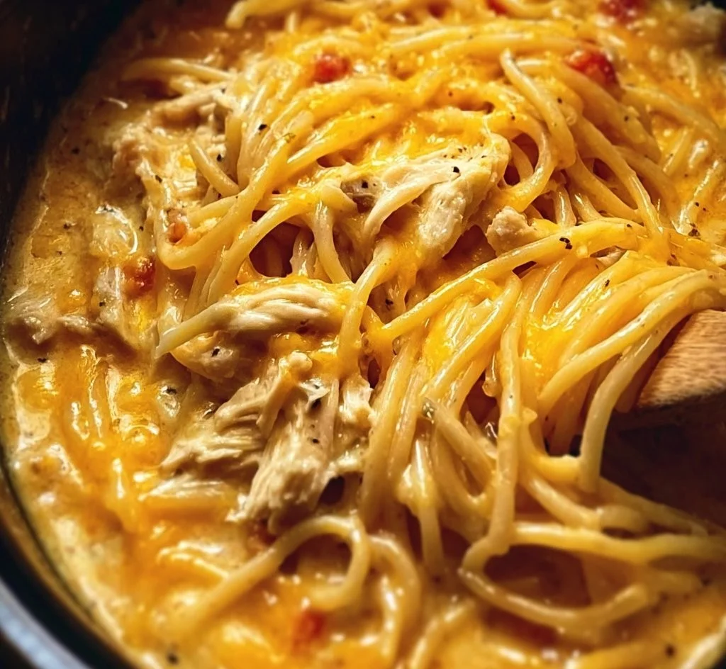 Crockpot cheesy chicken spaghetti served in a bowl with cheese and herbs.