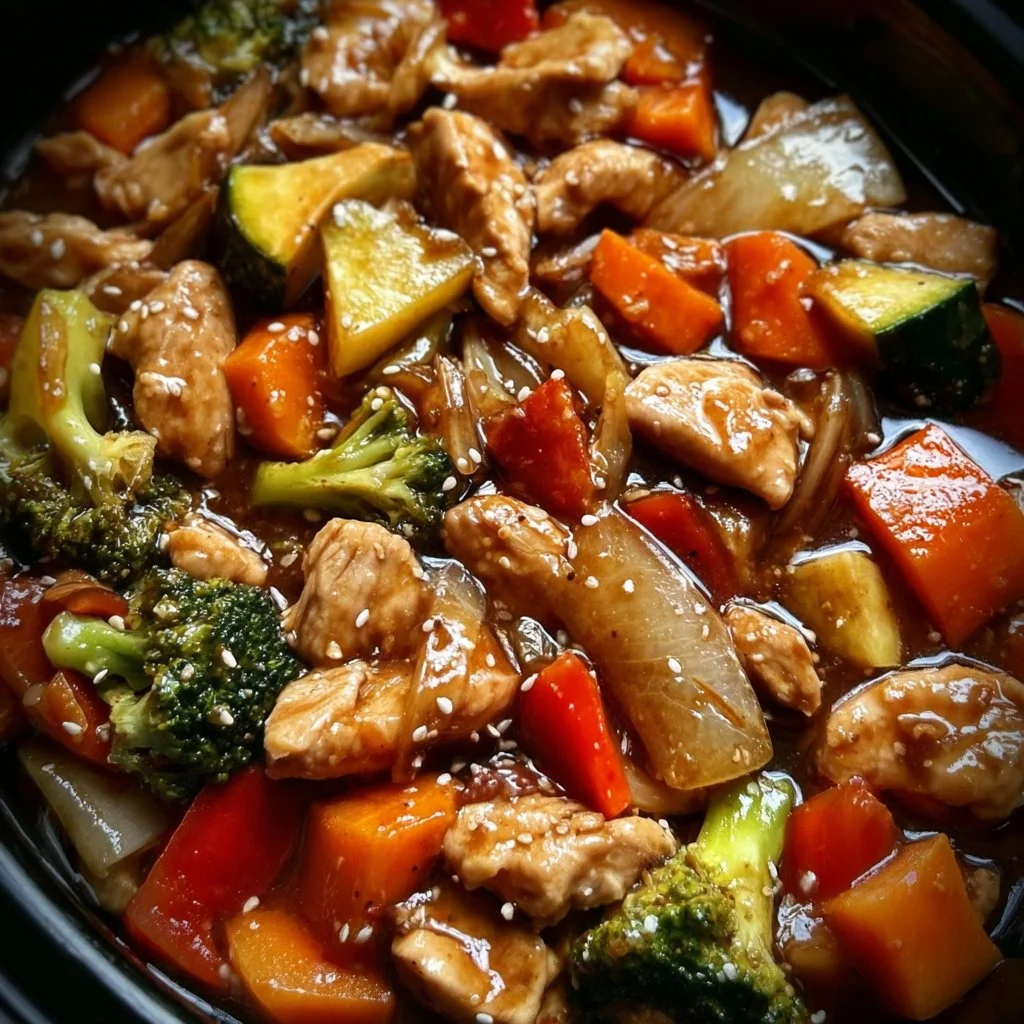 Healthy crockpot chicken and vegetable stir-fry in a bowl garnished with herbs