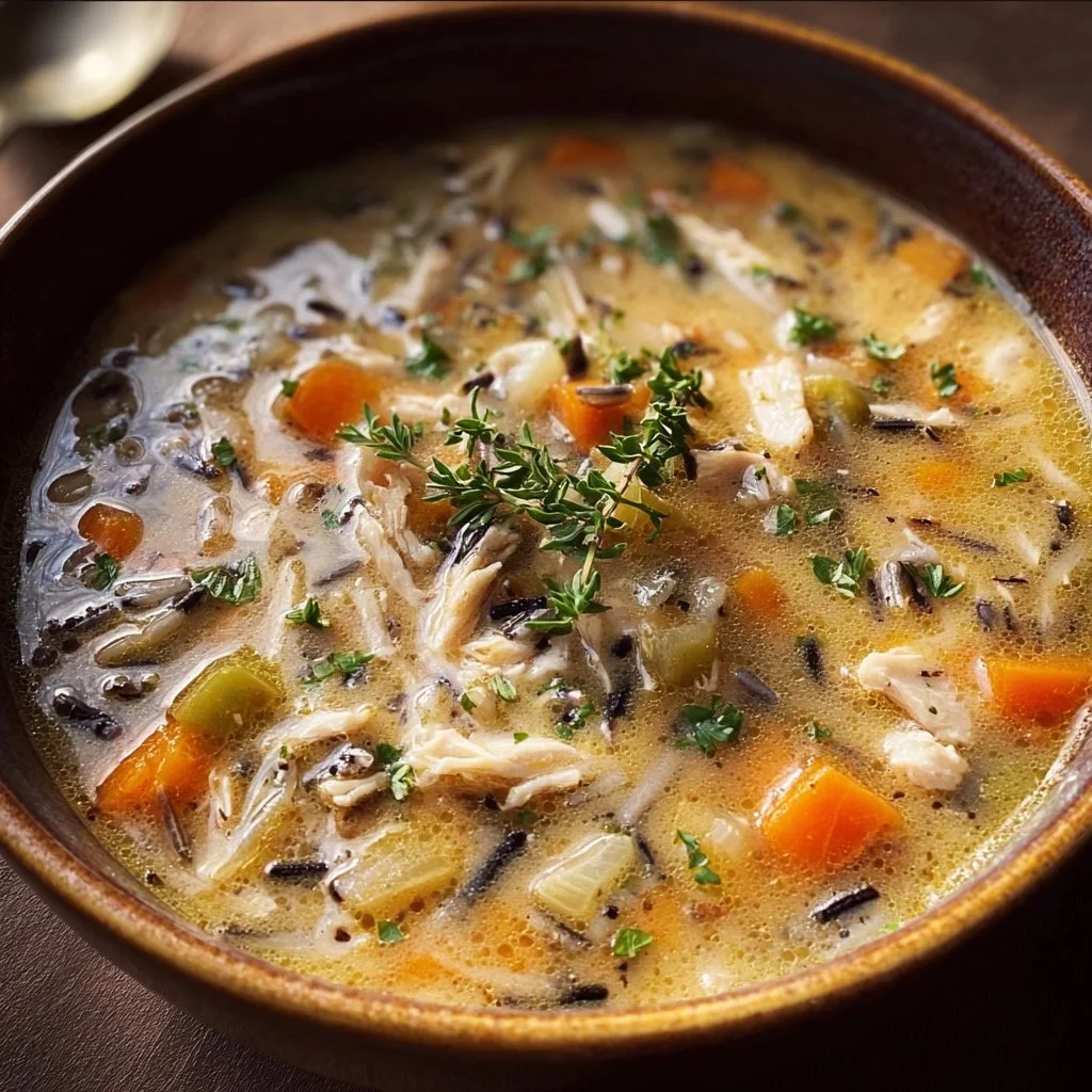 Delicious Crockpot Chicken and Wild Rice Soup in a bowl with herbs