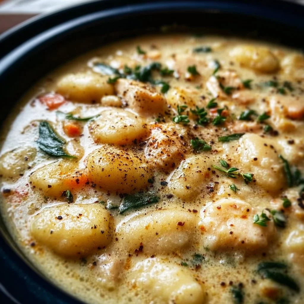 Crockpot Chicken Gnocchi Soup in a bowl with fresh herbs