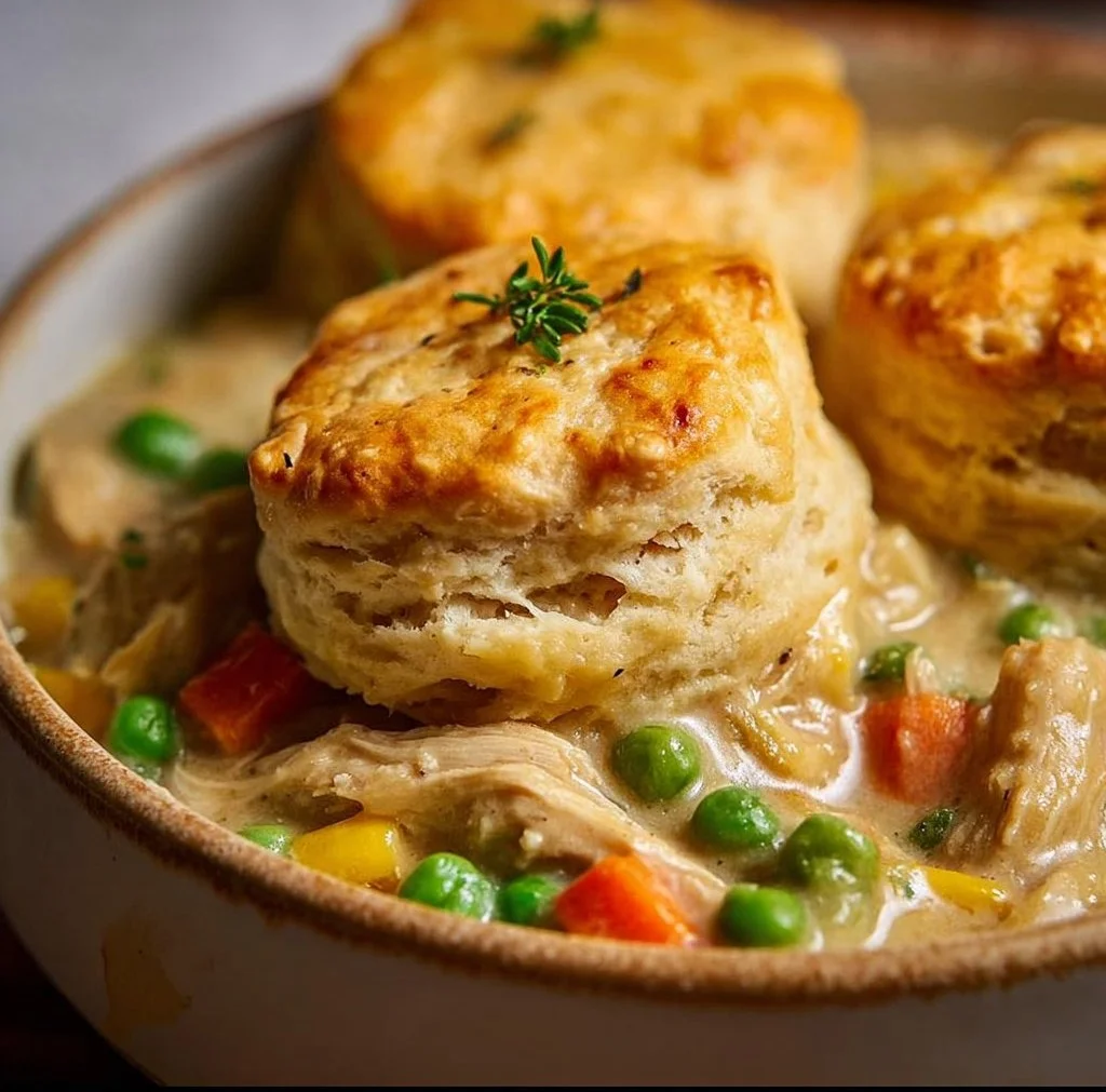 Delicious Crockpot Chicken Pot Pie with flaky biscuits on top