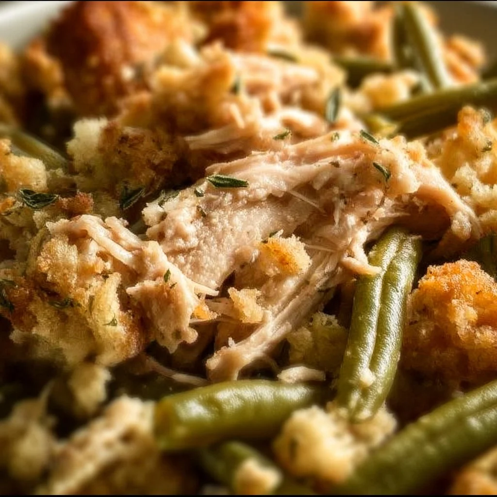 Crockpot Chicken Stuffing with Green Beans served in a bowl