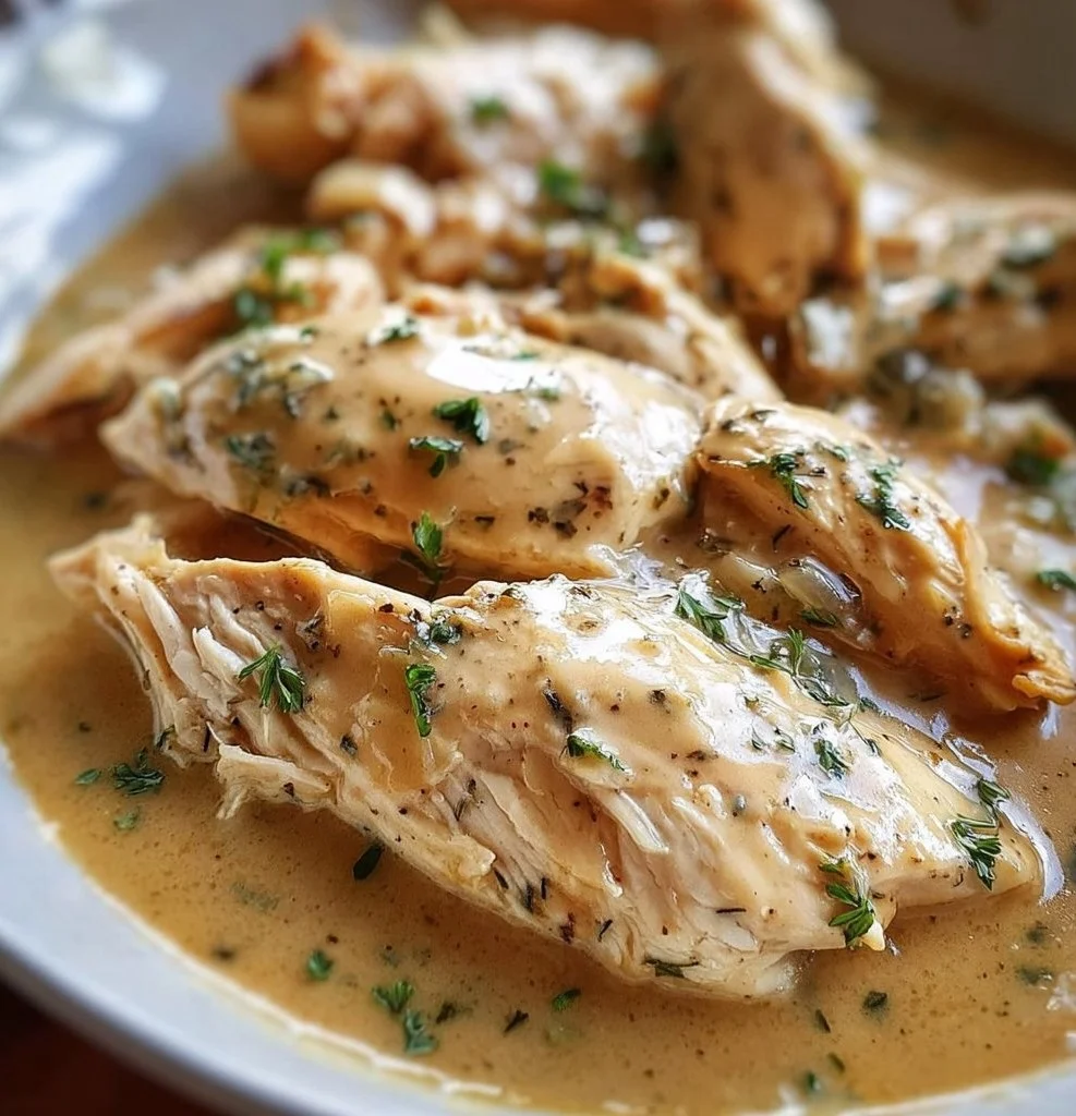 Crockpot chicken tenderloins with creamy gravy served on a plate.