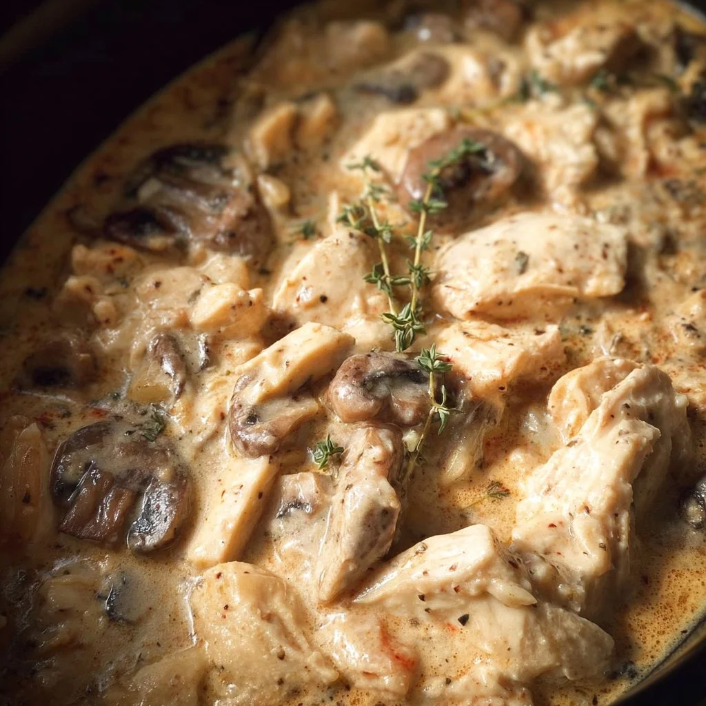 Crockpot Cream of Mushroom Chicken dish served with herbs and rice