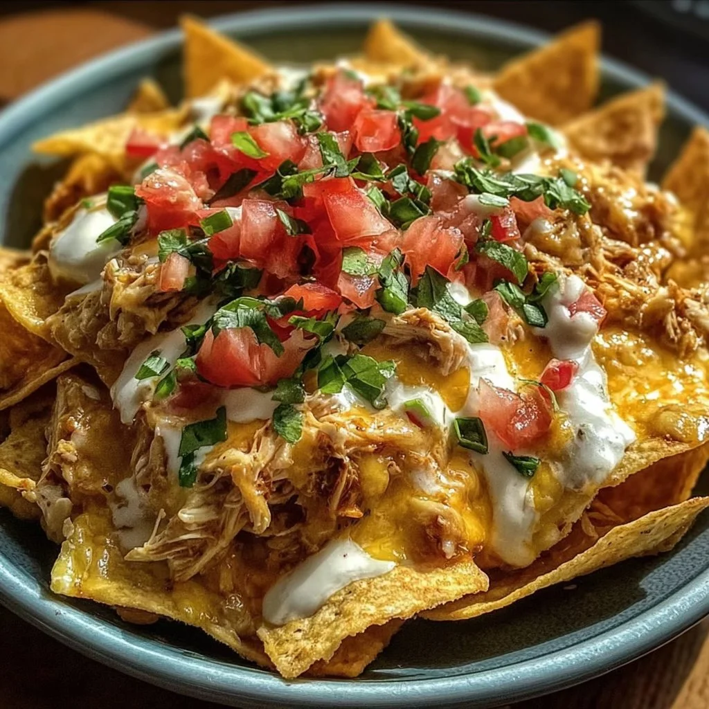Crockpot Creamy Chicken Nachos topped with cheese and jalapeños.