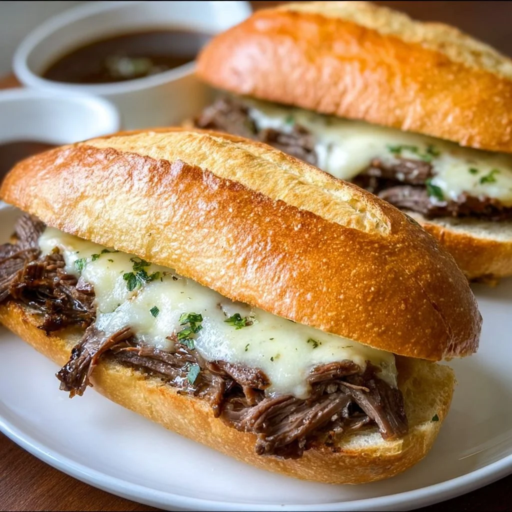 Delicious Crockpot French Dip Sandwiches served with au jus for dipping.