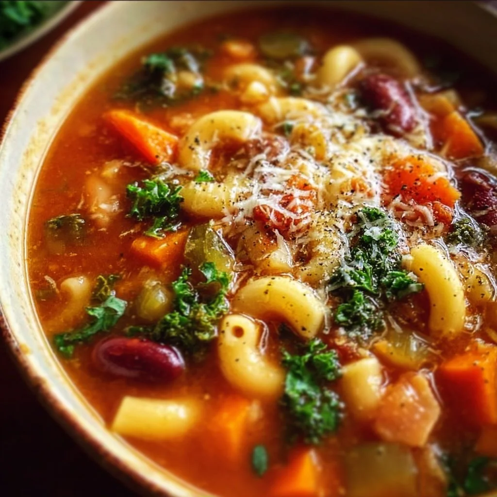 Crockpot minestrone soup filled with fresh vegetables and beans in a bowl.