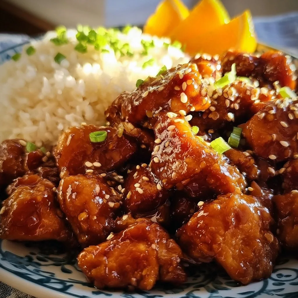 Crockpot Orange Chicken dish served with rice and vegetables