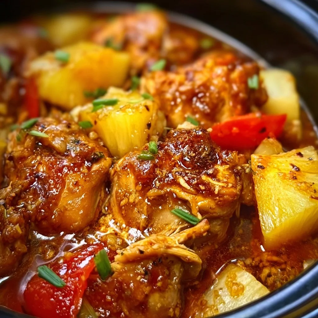 Delicious crockpot pineapple chicken dish served with rice and vegetables.