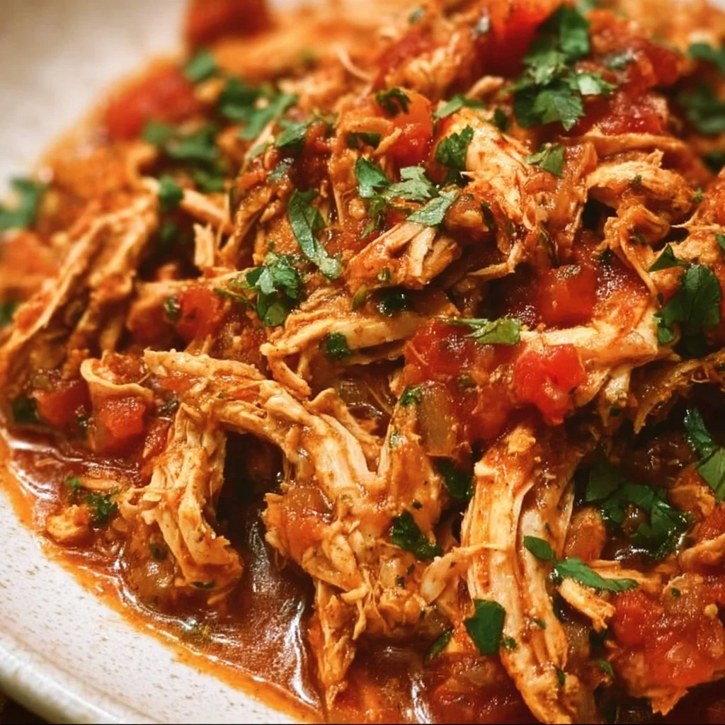 Crockpot Salsa Chicken served on a plate with fresh herbs and salsa garnishing.