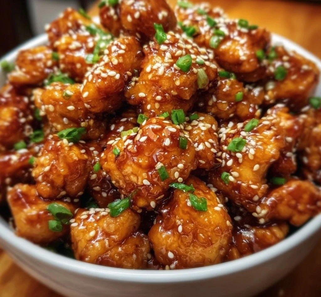 Delicious Crockpot Sesame Chicken garnished with sesame seeds and green onions.