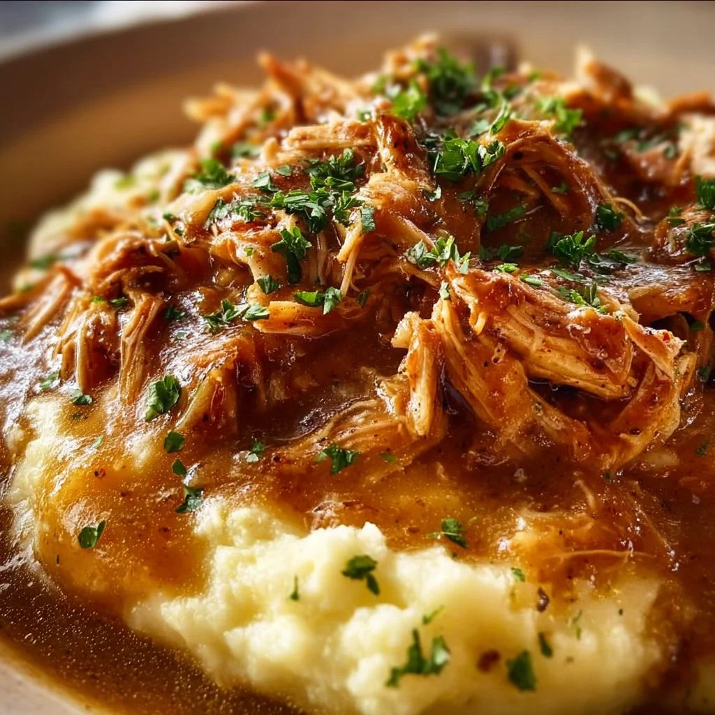Crockpot shredded chicken gravy served over fluffy mashed potatoes